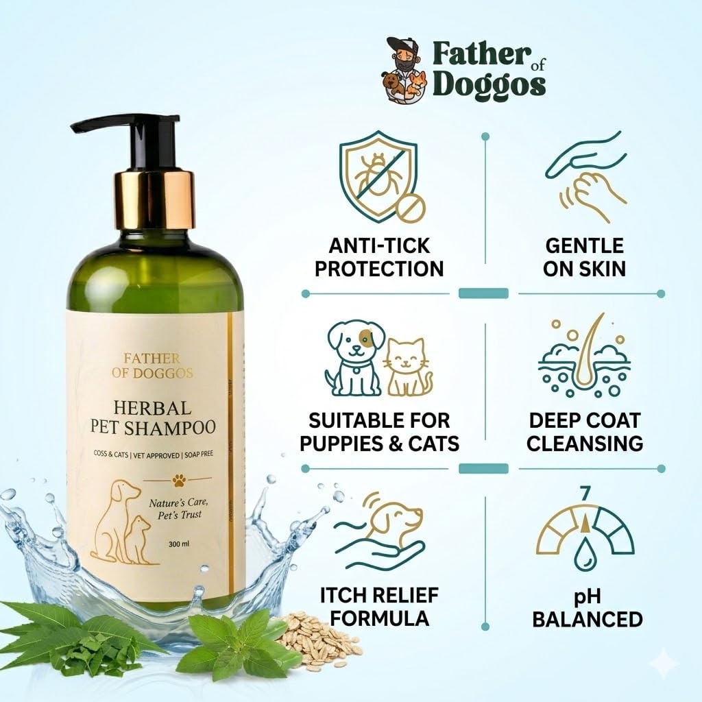 Neem Herbal Pet Shampoo 300ML | Pet Shampoo Tick and Flea | Anti Tick Dog Shampoo for Itchy Skin | Puppy Shampoo & Cat Shampoo | pH Balanced Dog Shampoo and Conditioner for All Breeds(Pack of 1)