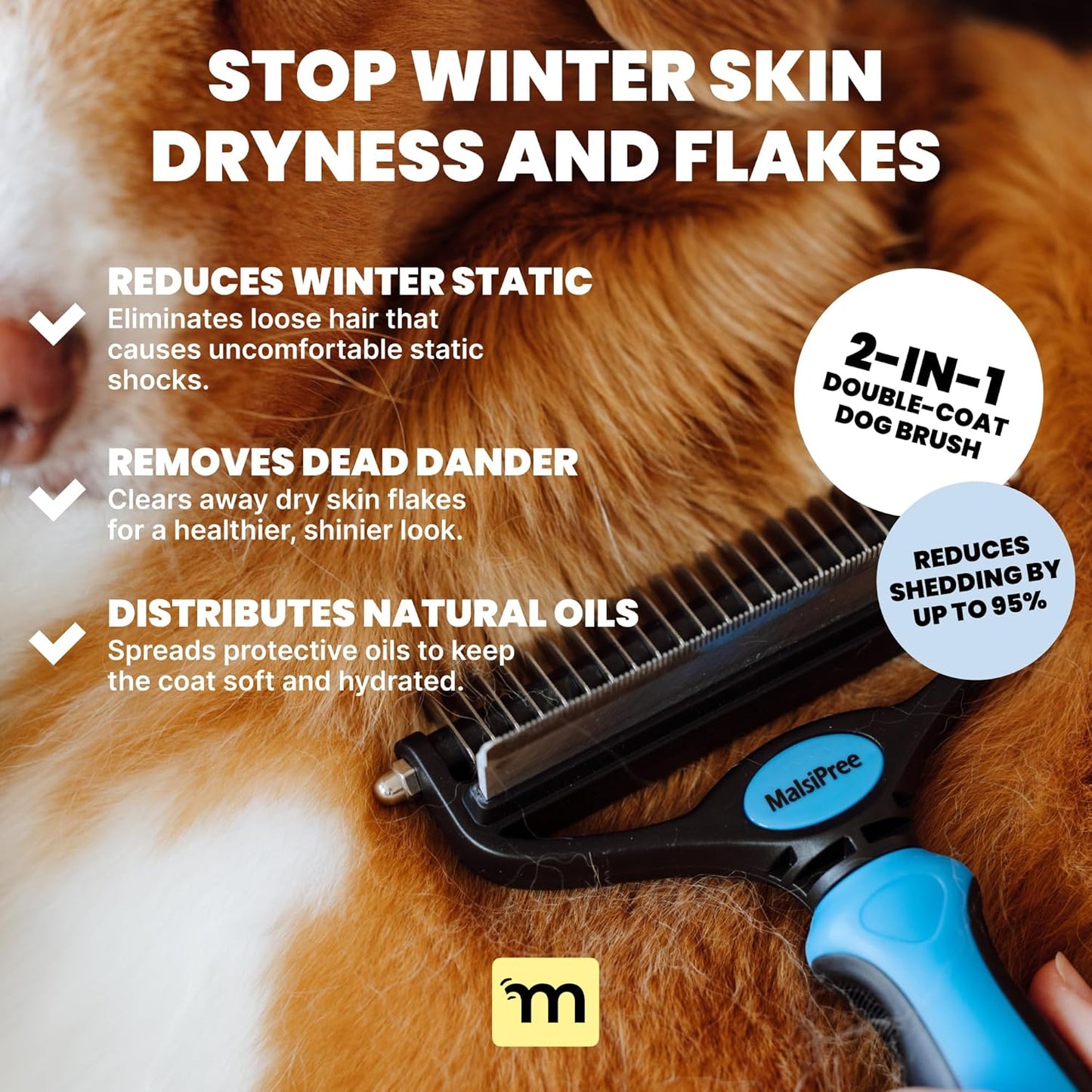 MalsiPree Pet Grooming Brush For Dogs/Cats,2 In 1 Deshedding Tool & Undercoat Rake Dematting Comb For Mats,Reduces Shedding By Up To 95%,Great For Short To Long Hair Small Large Breeds